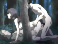 Japanese hentai cutie threesome fucked in the forest